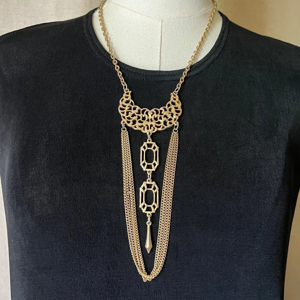 Vintage Gold Tone Filigree Fringe Statement Necklace Bib 1920s Style